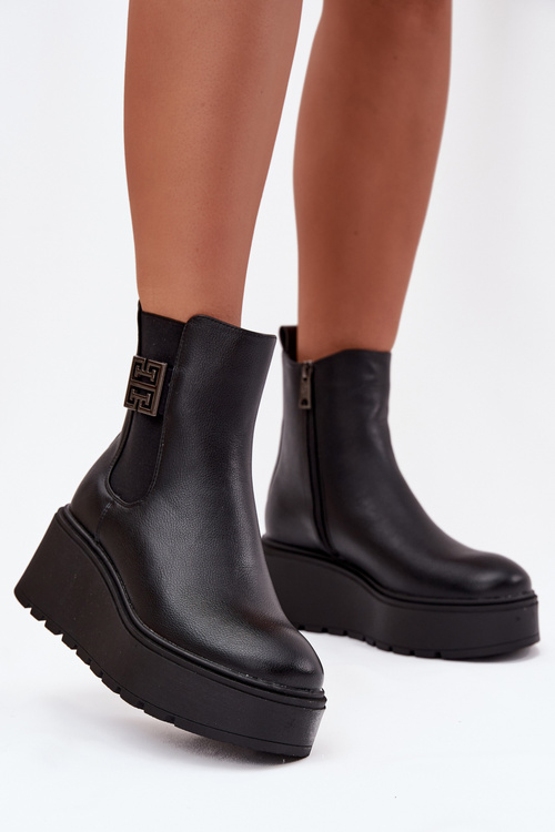 Damskie Botki Ocieplane Na Koturnie Ozdobny Detal Czarne Vinceza 58551