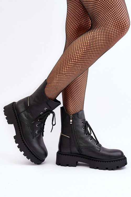 Women's Leather Trapper Boots With Zip Zazoo 949P Black