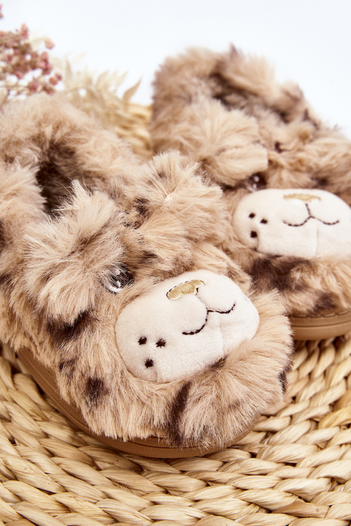Beige Children's Fur Slippers with Bear Apolanie