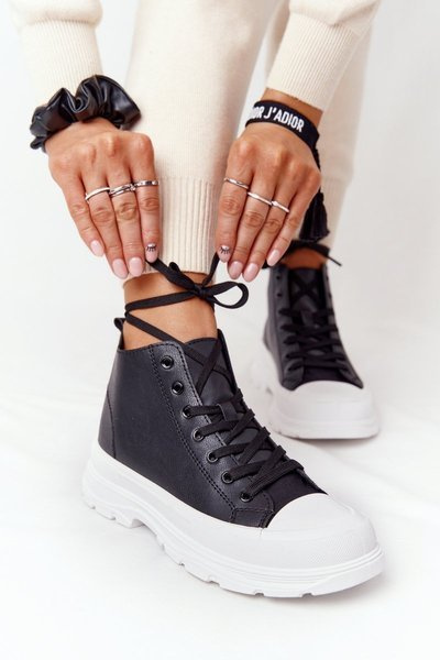 Women's Leather Sneakers On A Chunky Sole Black Trissy