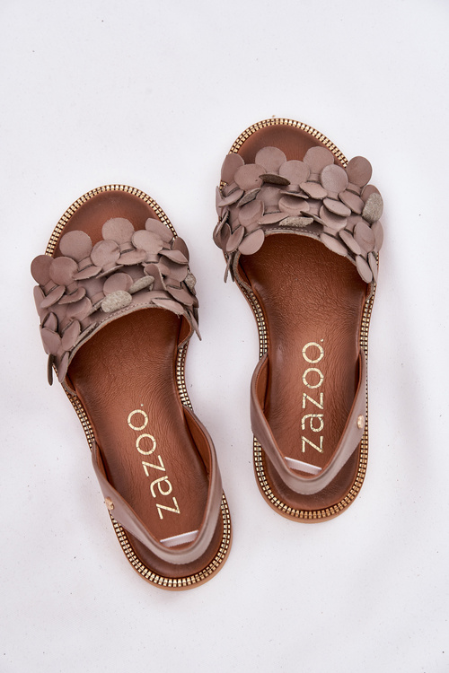Leather Sandals On Flat Heel Dark Beige Zazoo 40425