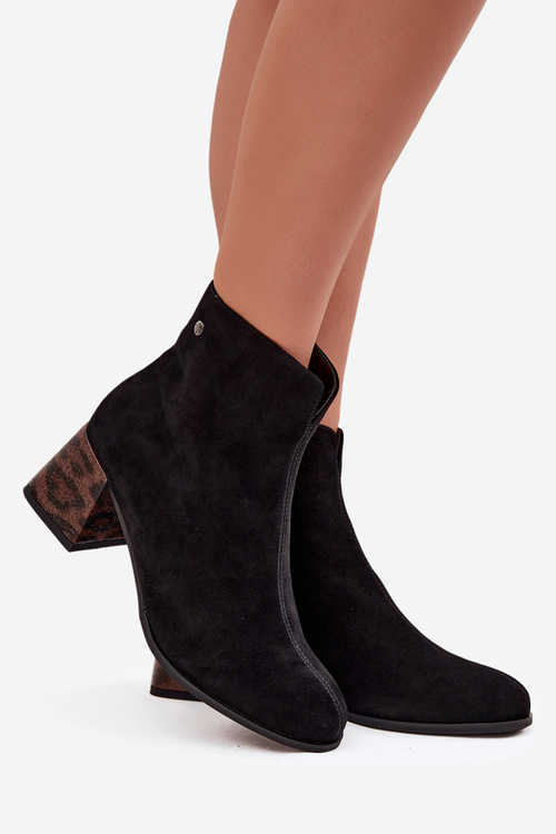 Damskie Botki Zamszowe Skórzane Obcas Słupek Czarne Maciejka K7202-01