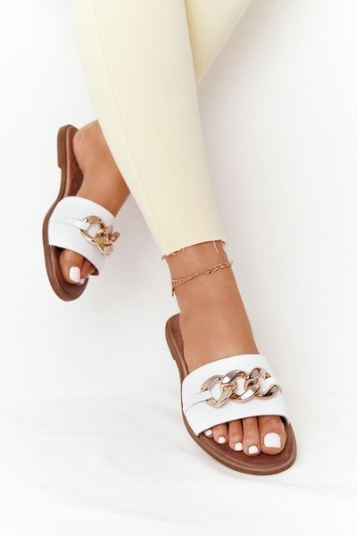 Leather Slippers With Chain Nicole 2652 White