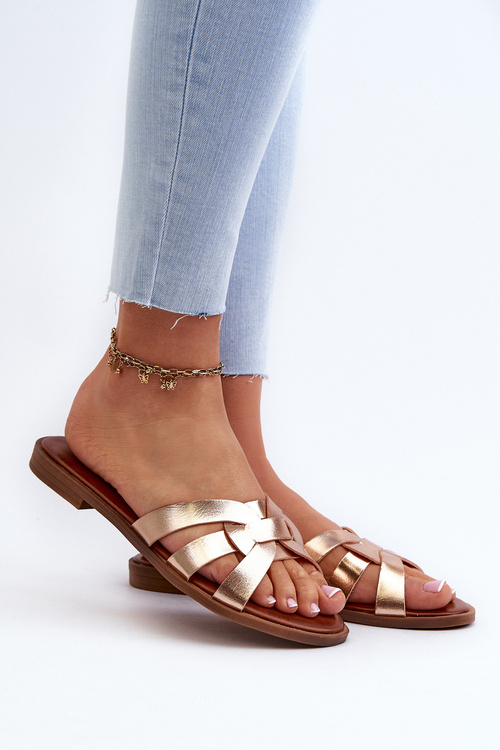 Women's Flat Heeled Sandals in Gold Faux Leather Rosalini