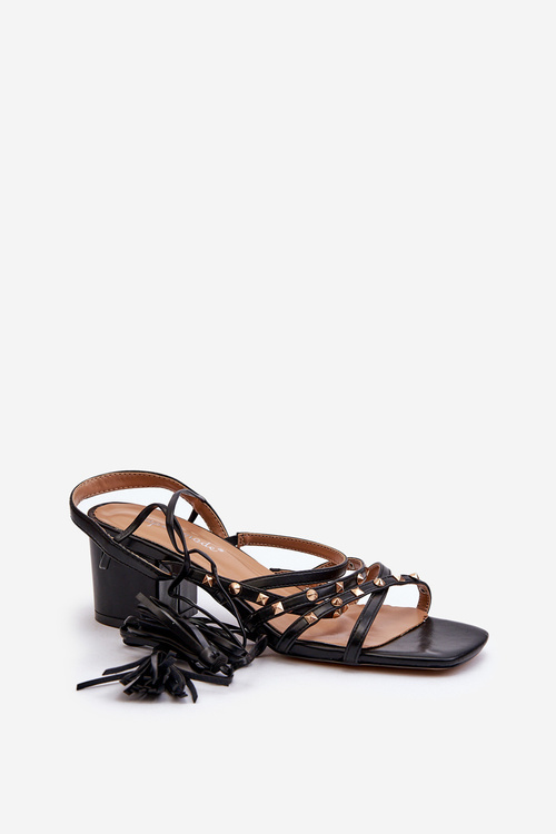 Lace-up Sandals with Low Heels Adorned with Studs Black Chrisele