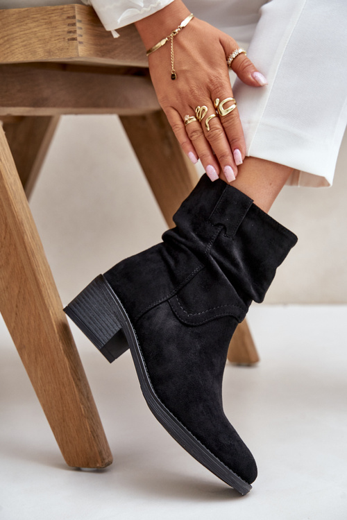 Damskie Botki Ocieplane Marszczona Cholewka Niski Obcas Czarne Zinanya