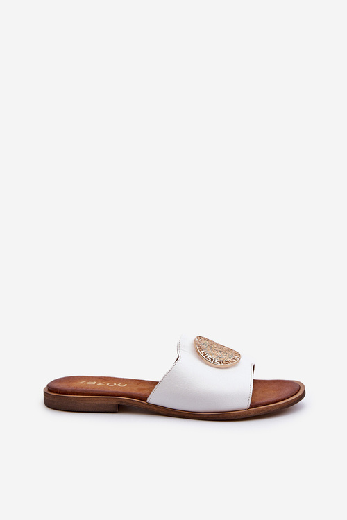 Zazoo 2938 Leather Flat Heel Slippers With Ornament White