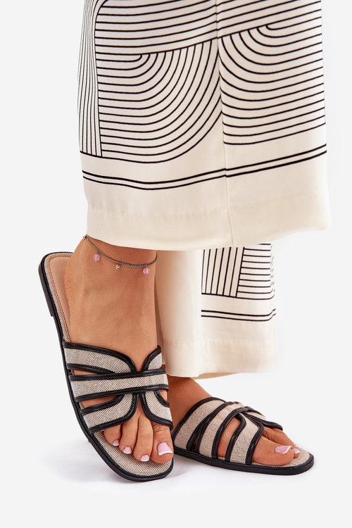 Klapki Damskie Klasyczne Płaskie Beżowo-Czarne Scazze