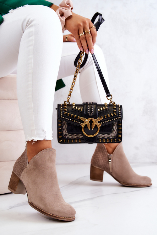 Botki Damskie Skórzane Słupek Suwak Beżowe Larsa