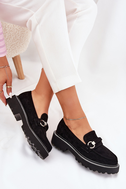 Mokasyny Eko Skórzane Zdobione Cyrkoniami Czarne Patina