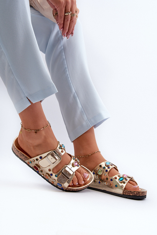 Klapki Damskie Zdobione Z Klamrami Złote S.Barski MY121