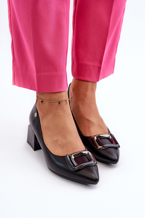 Czółenka Damskie Eko Skóra Obcas Klocek Ozdoba Czarne Sarala 62101