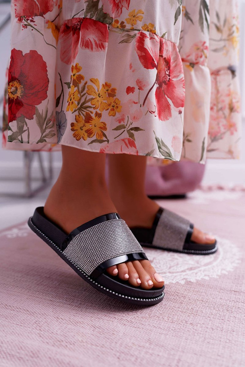 Women's Profiled Flip Flops With Zircons Black Rentre