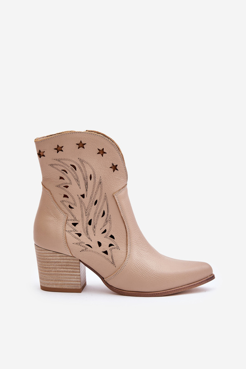 Kowbojki Botki Ażurowe Obcas Słupek Skóra Beżowe Lewski 3613