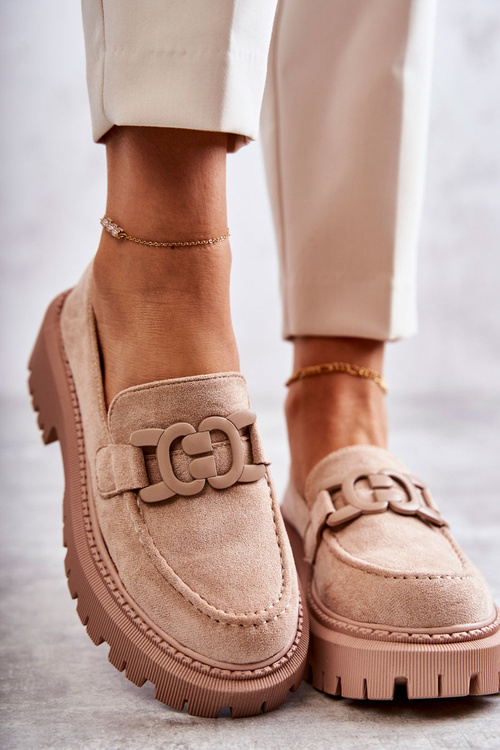 Półbuty Damskie Zamsz Ozdoba Beżowe Leeza