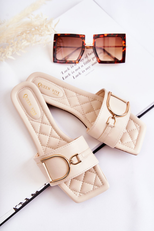 Women's Classic Leather Slippers With Decoration Beige Shilla