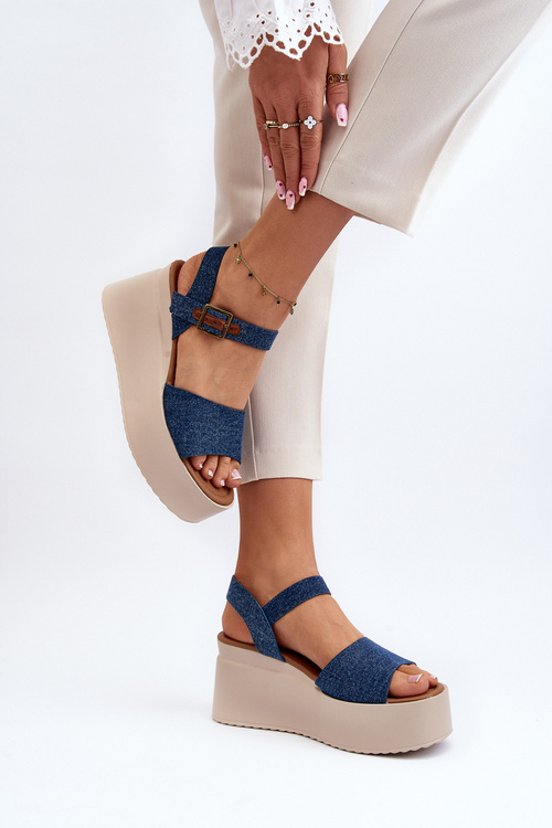 Sandały Jeansowe Damskie Na Koturnie Niebieskie PS18