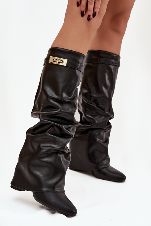 Women's Heeled Boots With Folded Shaft And Gold Detail Black Diorna