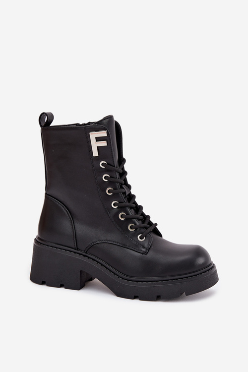 Women's Workery Boots Block Heel Insulated With Letter F Black Lurina