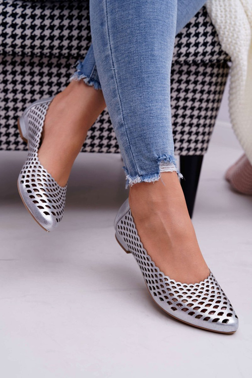 Baleriny Damskie Srebrne Skórzane Exquisite 1107/1