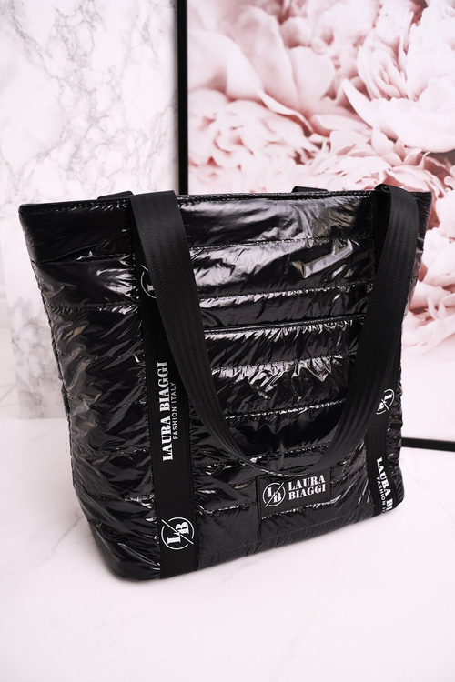 Duża Torba Shopper LAURA BIAGGI Czarna Białe Logo
