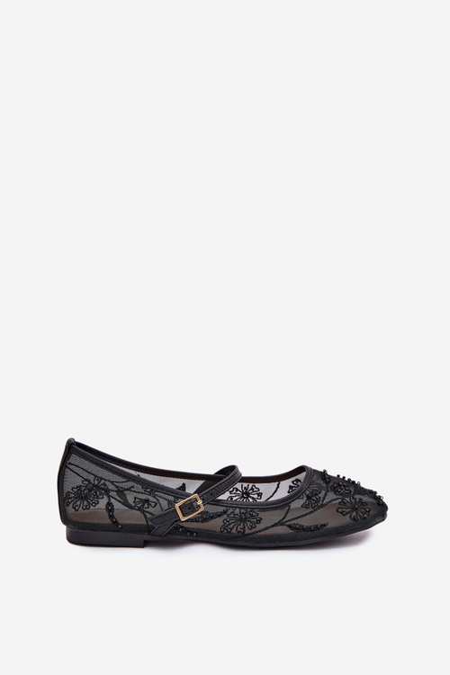 Mesh Ballet Flats With Embroidery And Decoration Black Tillilora