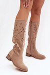Damskie Kozaki Ażurowe Na Klocku Beżowe Helinna