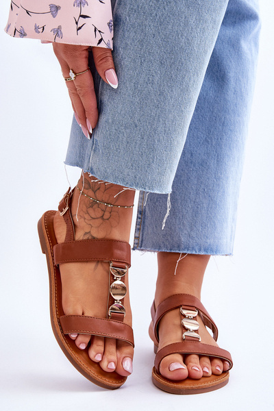 Sandały Damskie Płaskie Ozdobny Pasek Brązowe Berry