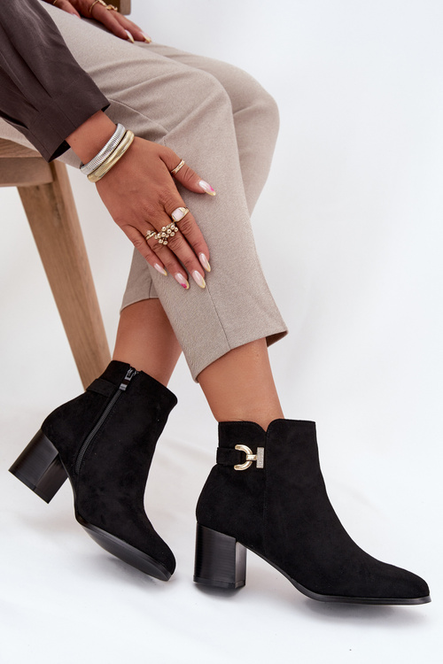 Damskie Botki Obcas Słupek Złoty Detal Ocieplane Czarne Renora
