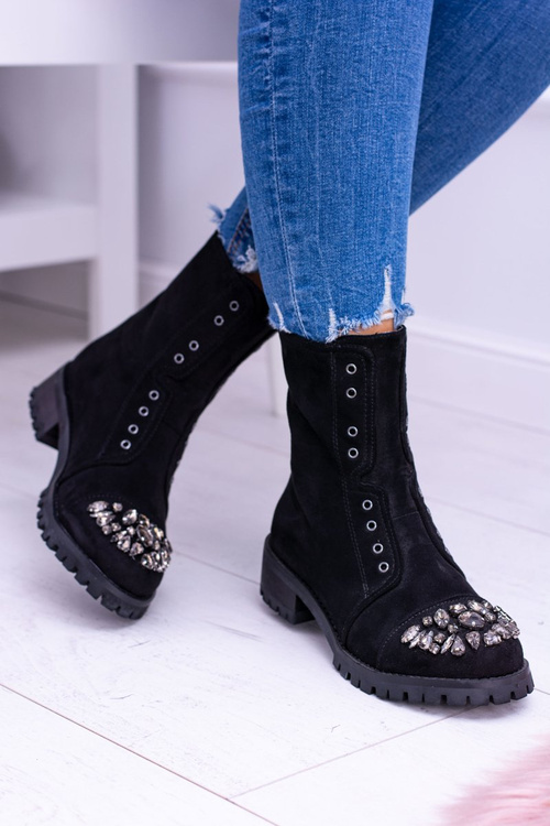 Lu Boo | Black Women's Ankle Booties Zirconia Suede Carrie