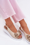 Ladies Leather Wedge Sandals With Bow Beige Zazoo 1882