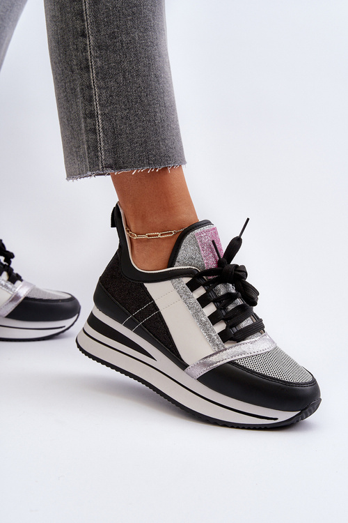 Sneakersy Damskie Platforma Koturn Brokat Rafani Czarne A-59