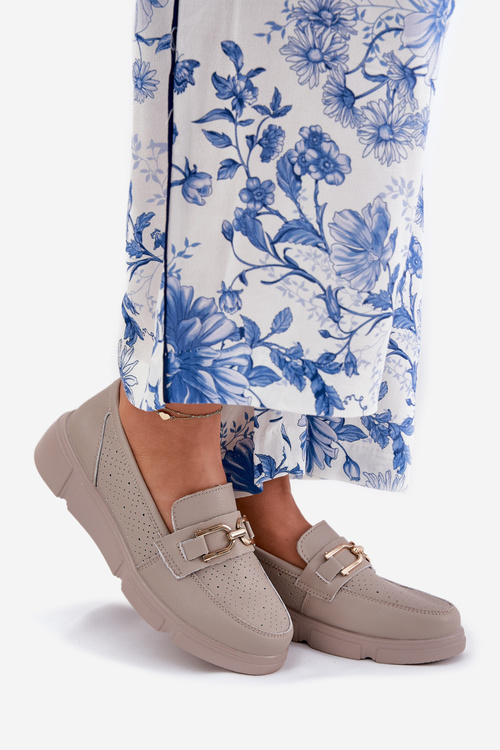 Ladies Leather Moccasins with Golden Detail Ciemnobeżowe Vinceza 88007