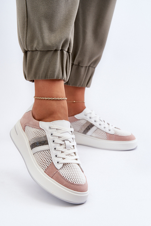 Buty Sportowe Skóra Biało-Różowe S.Barski LR110