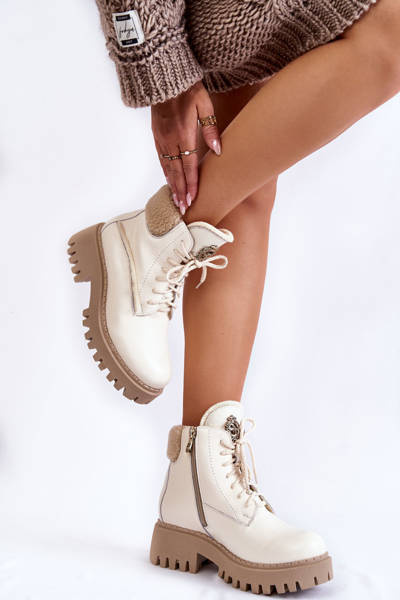 Women's Leather Trapper Boots Light beige Vergo