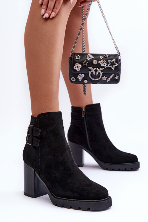 Botki Obcas Zamsz Czarne Makeline H8-526