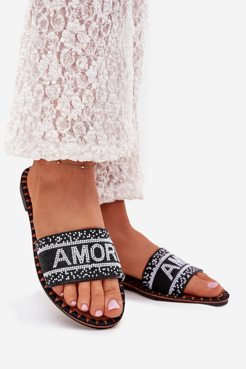 Women's Flat Sandals With Decoration Amore Black Avelina