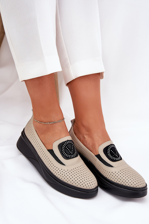 Womens Leather Moccasins On Platform And Wedge Vinceza 79522 Beige