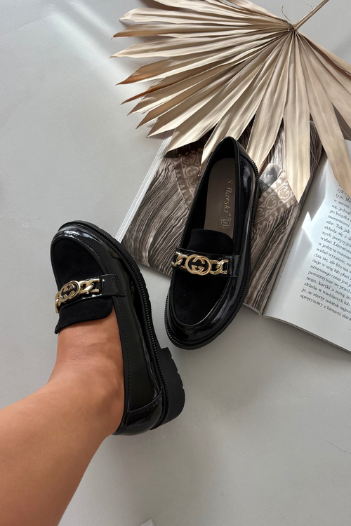 Patent Leather Women's Loafers with Gold Ornament S.Barski HY52-540 Black