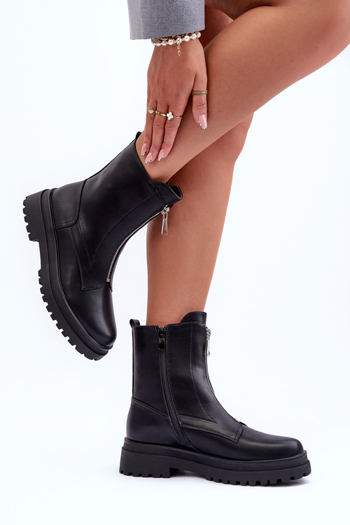 Leather Women's Boots with Zipper Black Chlorike
