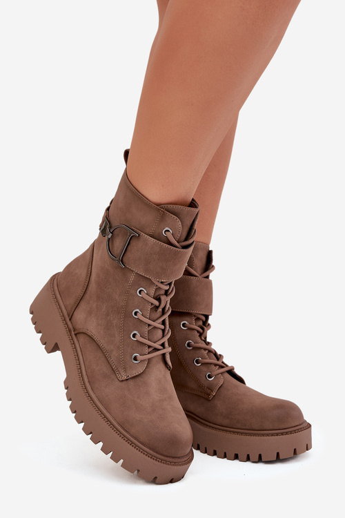 Women's Workery Boots with Lining with Decorative Strap Dark Beige Ulivine