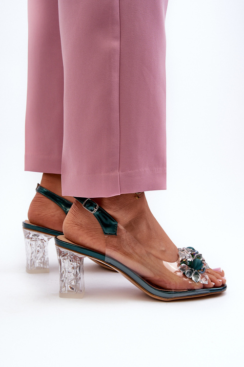 Transparent sandals on a heel with decorations in green D&A MR38-D1