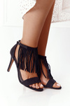 Suede High Heel Sandals With Fringes Black Boho Swing