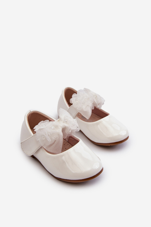 White Olessa Children's Patent Ballerina Flats with Velcro Strap and Bow