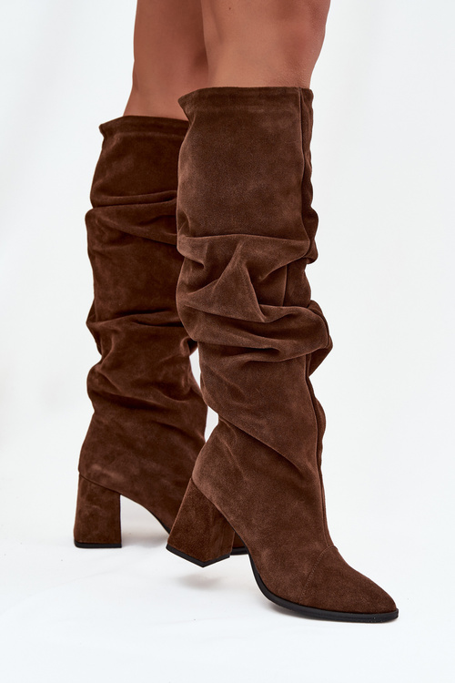 Wrinkled Boots Made From Genuine Suede On Heel Heated Zazoo 4228 Brown