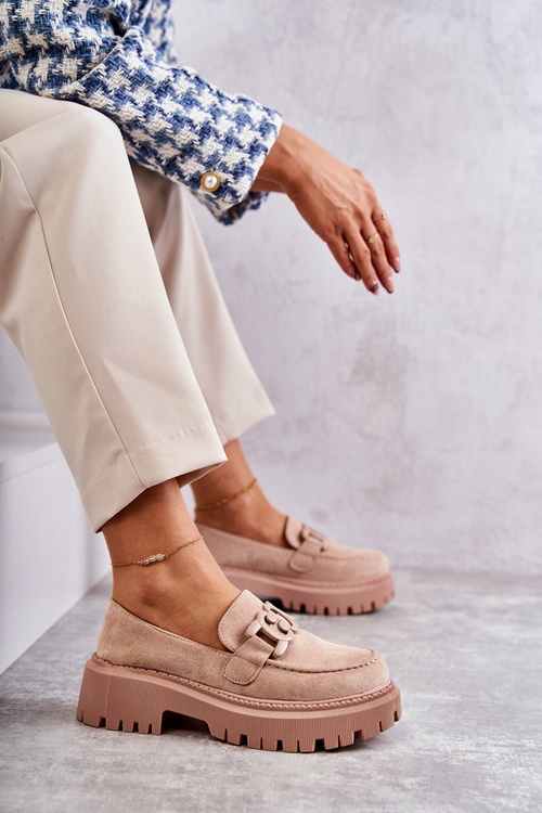 Półbuty Damskie Zamsz Ozdoba Beżowe Leeza