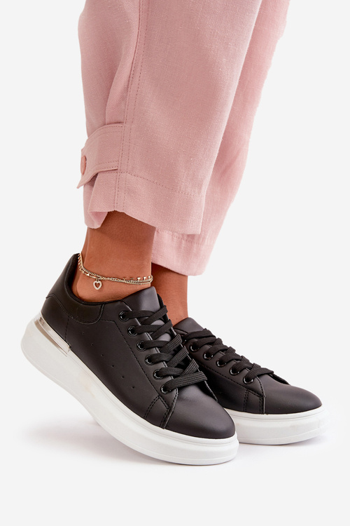 Trampki Damskie Niskie Na Platformie Eko Skórzane Czarne Nevelena