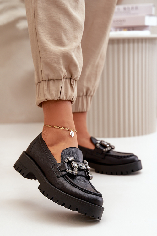 Ladies Leather Moccasins With Decoration Black CheBello 4369