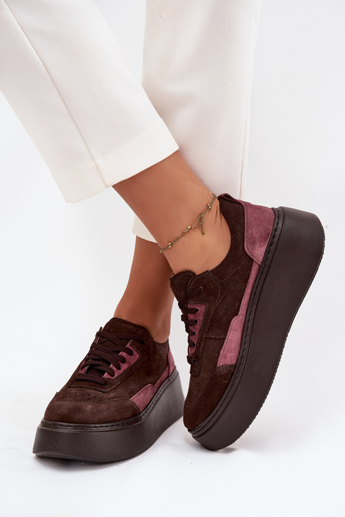 Damskie Sneakersy Platforma Naturalny Zamsz Czekoladowe Zazoo N1265S3