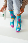 Women's socks colorful cats and dots turquoise